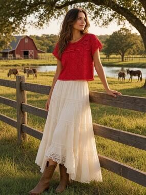 On Twelfth Red Lace Eyelet Peplum Blouse Top Boho Festival Small